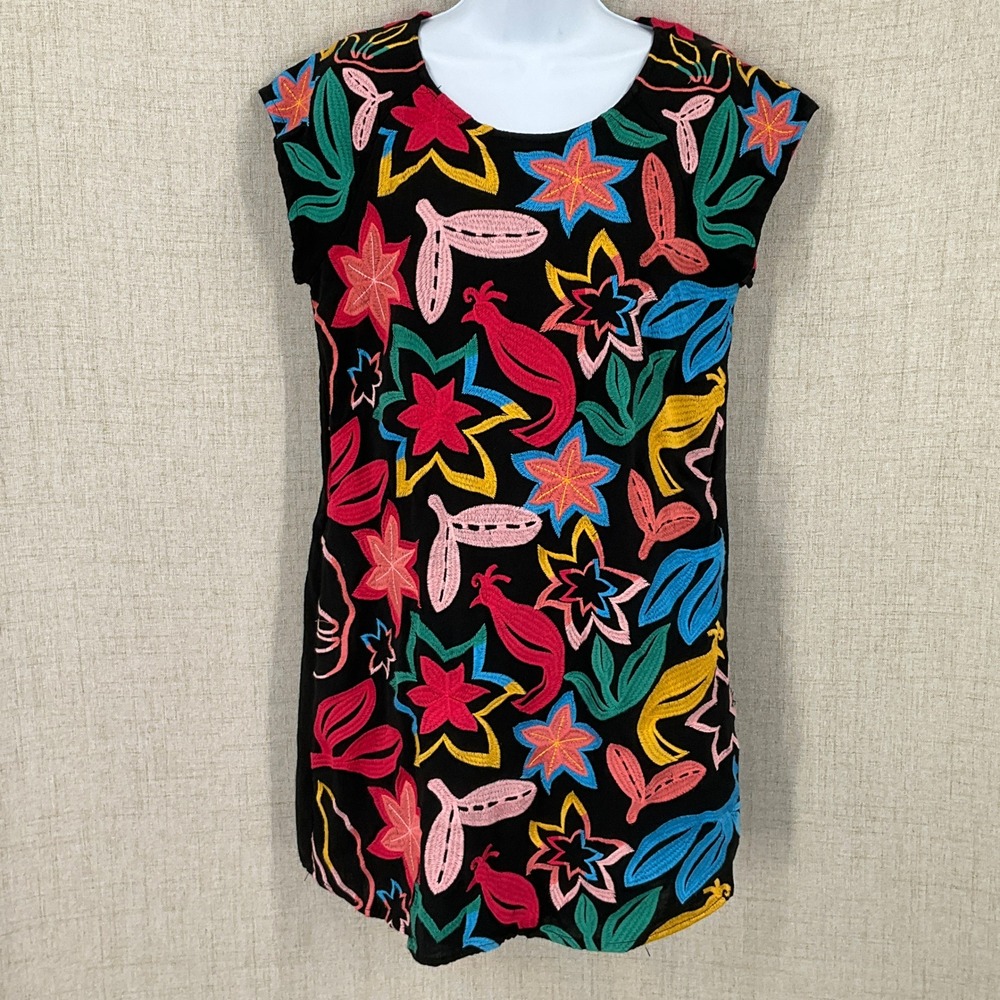 Andree by UNIT Top Womens L Black Cotton Linen Boho Embroidered Floral Folk‎ Art